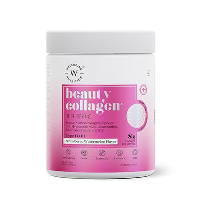 Wellbeing Nutrition Beauty Collagen with Hyaluronic Acid Collagen Powder - 250gm (Strawberry Watermelon)