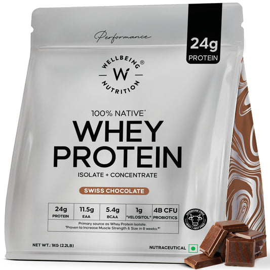 Wellbeing Nutrition Whey Protein Isolate + Concentrate, 24g Protein, 11.5g EAA, 1g Glutamine - 500gm