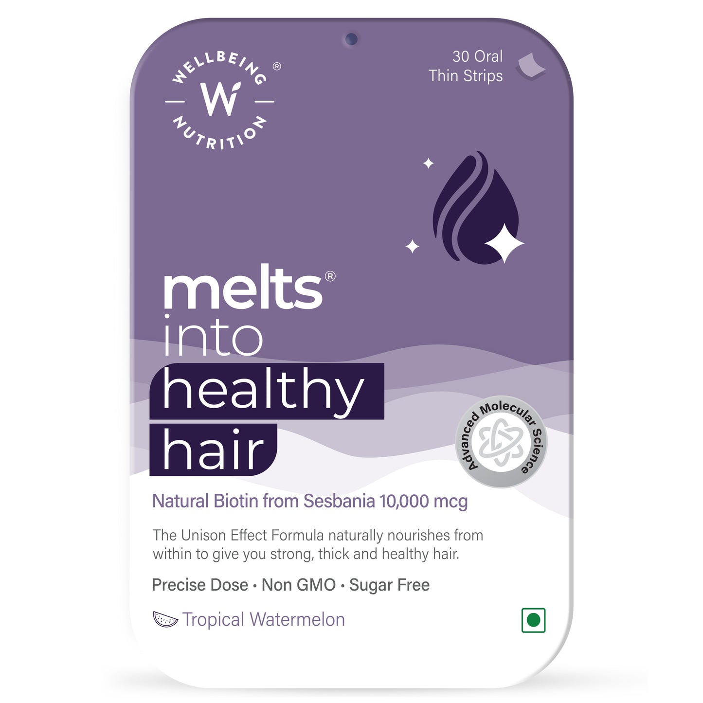 Wellbeing Nutrition Melts Healthy Hair, for Hair Nourishment, with Zinc, Bamboo Extract, Folic Acid - 30 Oral Thin Strips